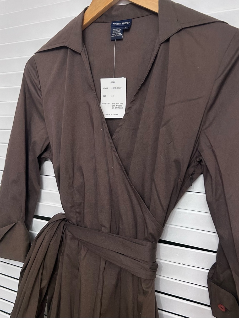 🤎MAKE OFFER🤎 NWT Boston Proper Dark Brown Midi Wrap Shirt Cotton Dress Sz 6 - Picture 4 of 6